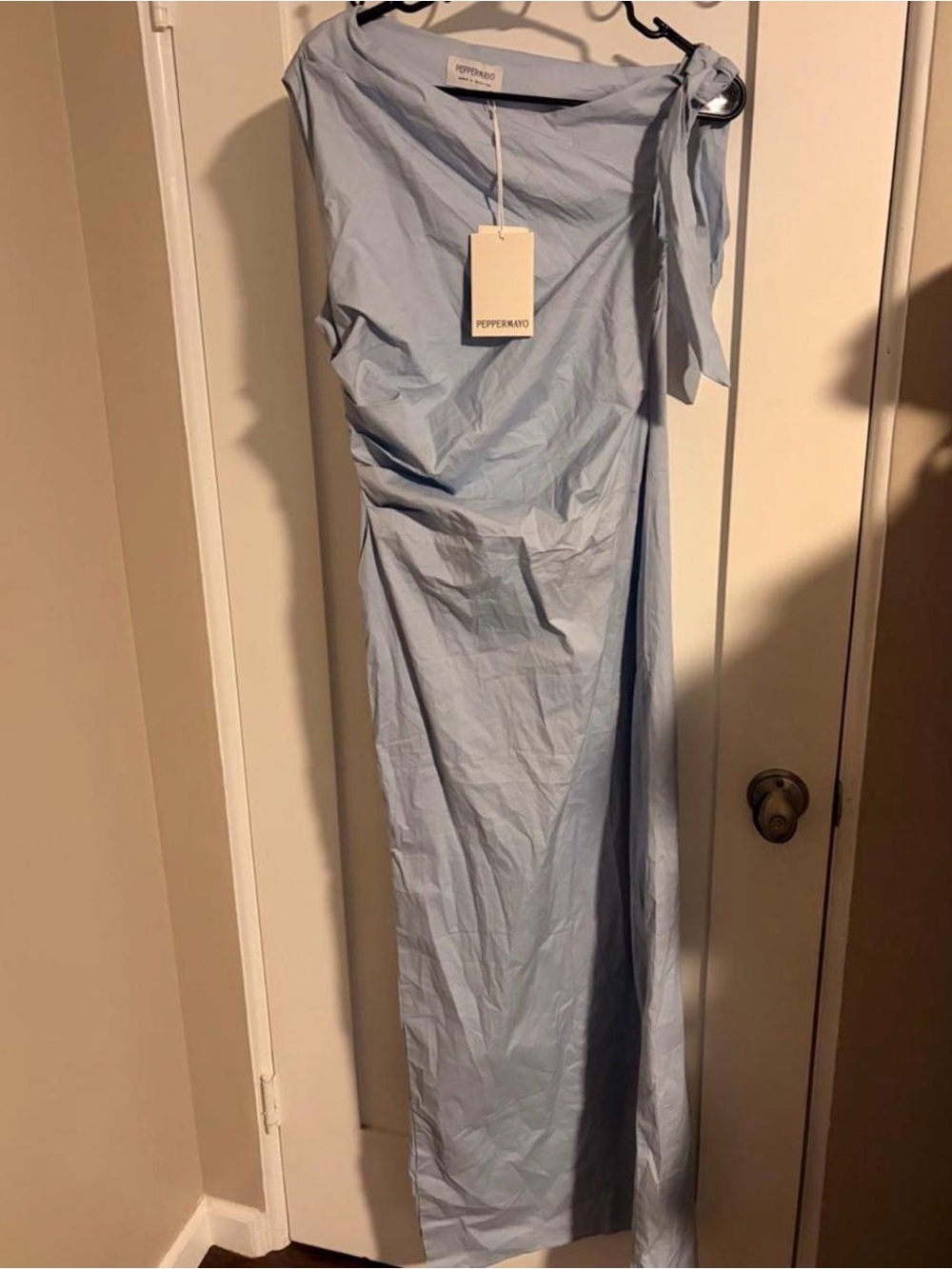 Peppermayo Pale Blue One-Shoulder Maxi Dress with Tie Detail